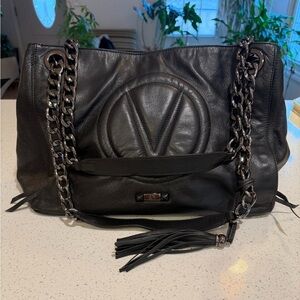 Mario Valentino Black Leather Logo Hobo Shoulder Bag Gunmetal Hardware